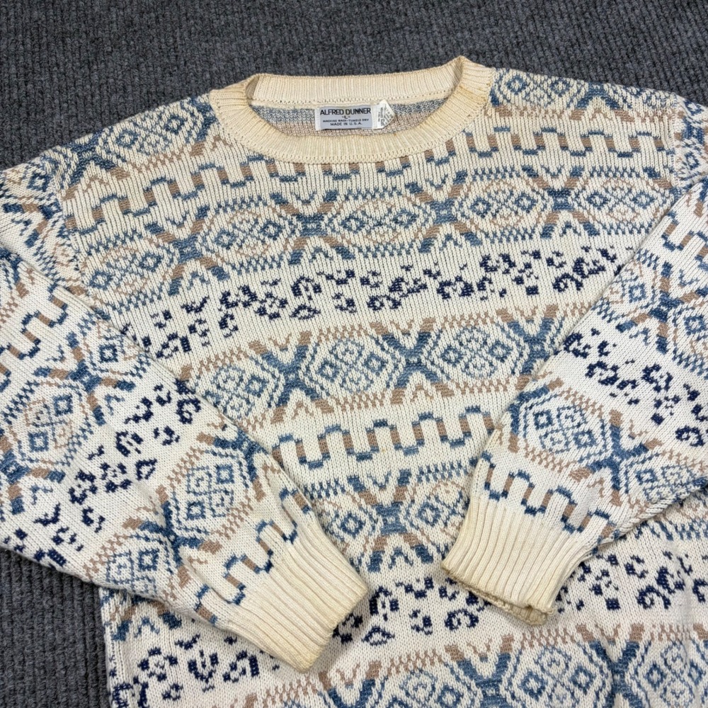 Alfred Dunner Vintage Sweater Mens L Geometric Fair Isle Knit Cotton Cream Blue‎